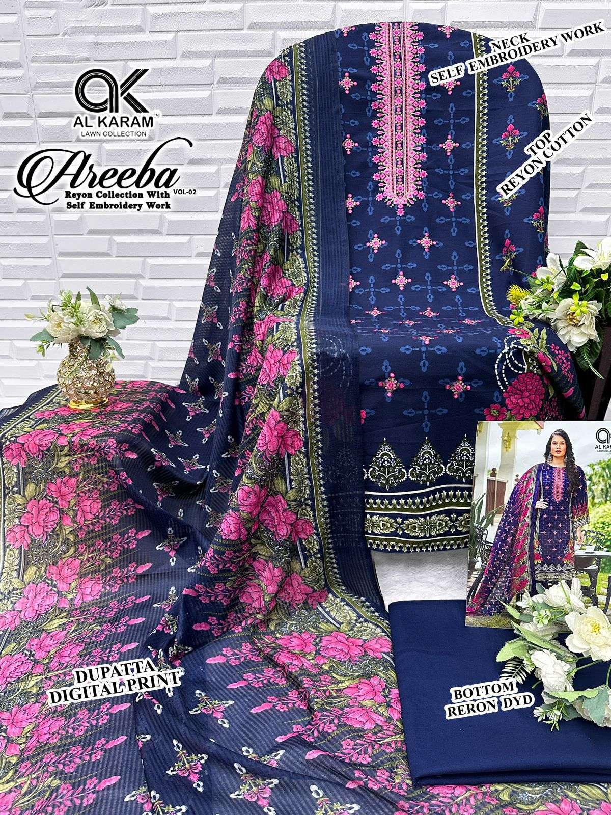 AL KARAM AREEBA VOL 2 RAYON PRINT WITH FANCY EMBROIDERY WORK SUIT