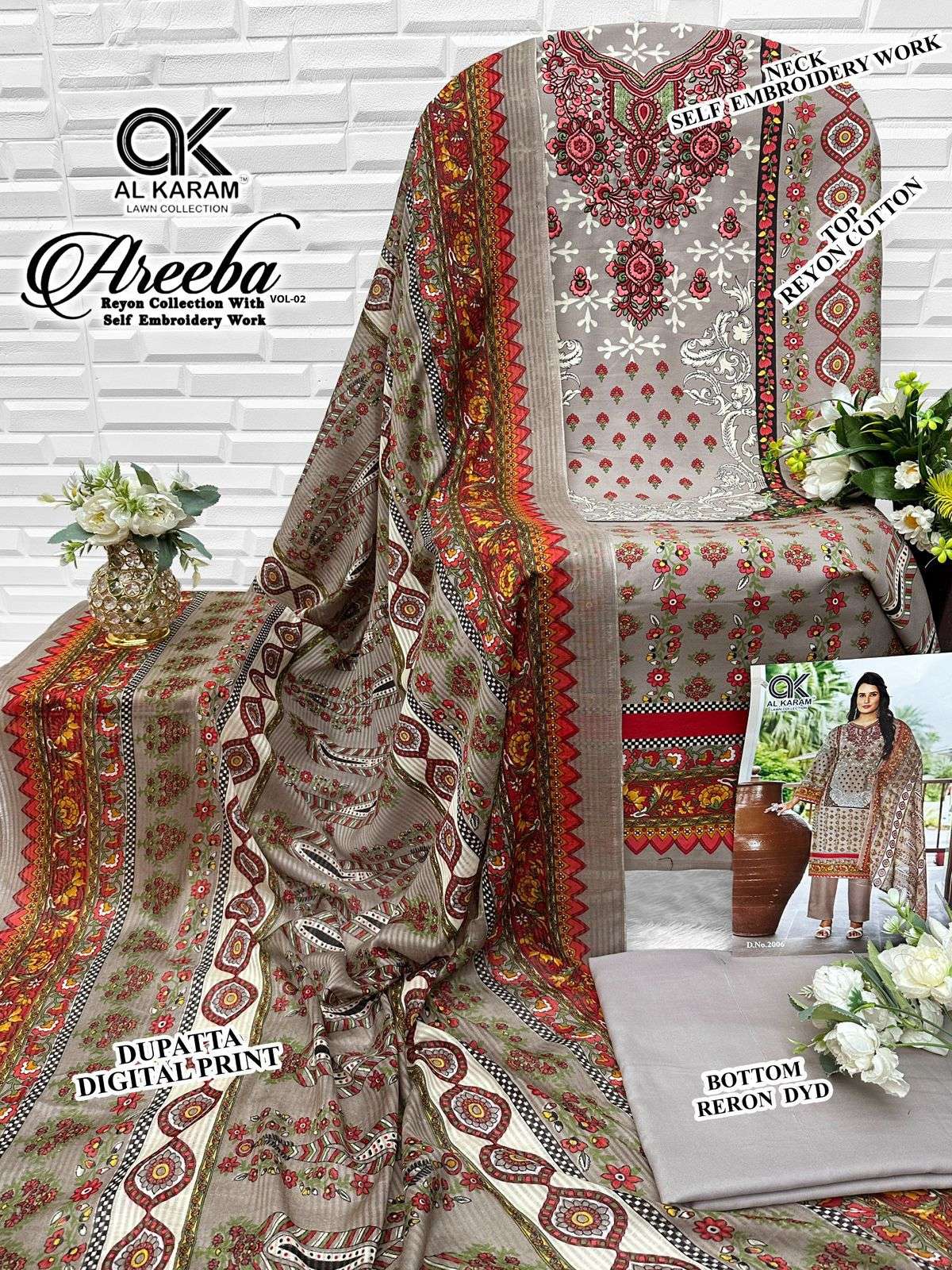AL KARAM AREEBA VOL 2 RAYON PRINT WITH FANCY EMBROIDERY WORK SUIT
