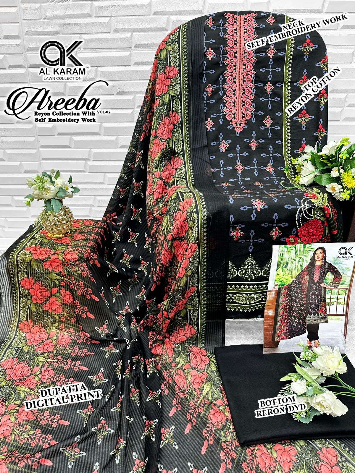 AL KARAM AREEBA VOL 2 RAYON PRINT WITH FANCY EMBROIDERY WORK SUIT