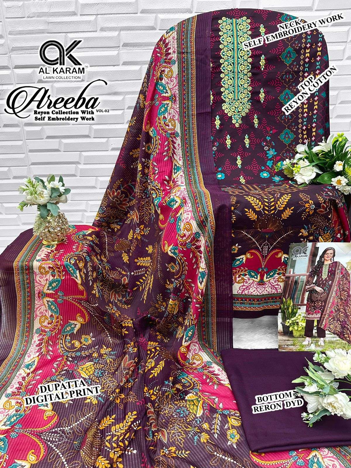 AL KARAM AREEBA VOL 2 RAYON PRINT WITH FANCY EMBROIDERY WORK SUIT