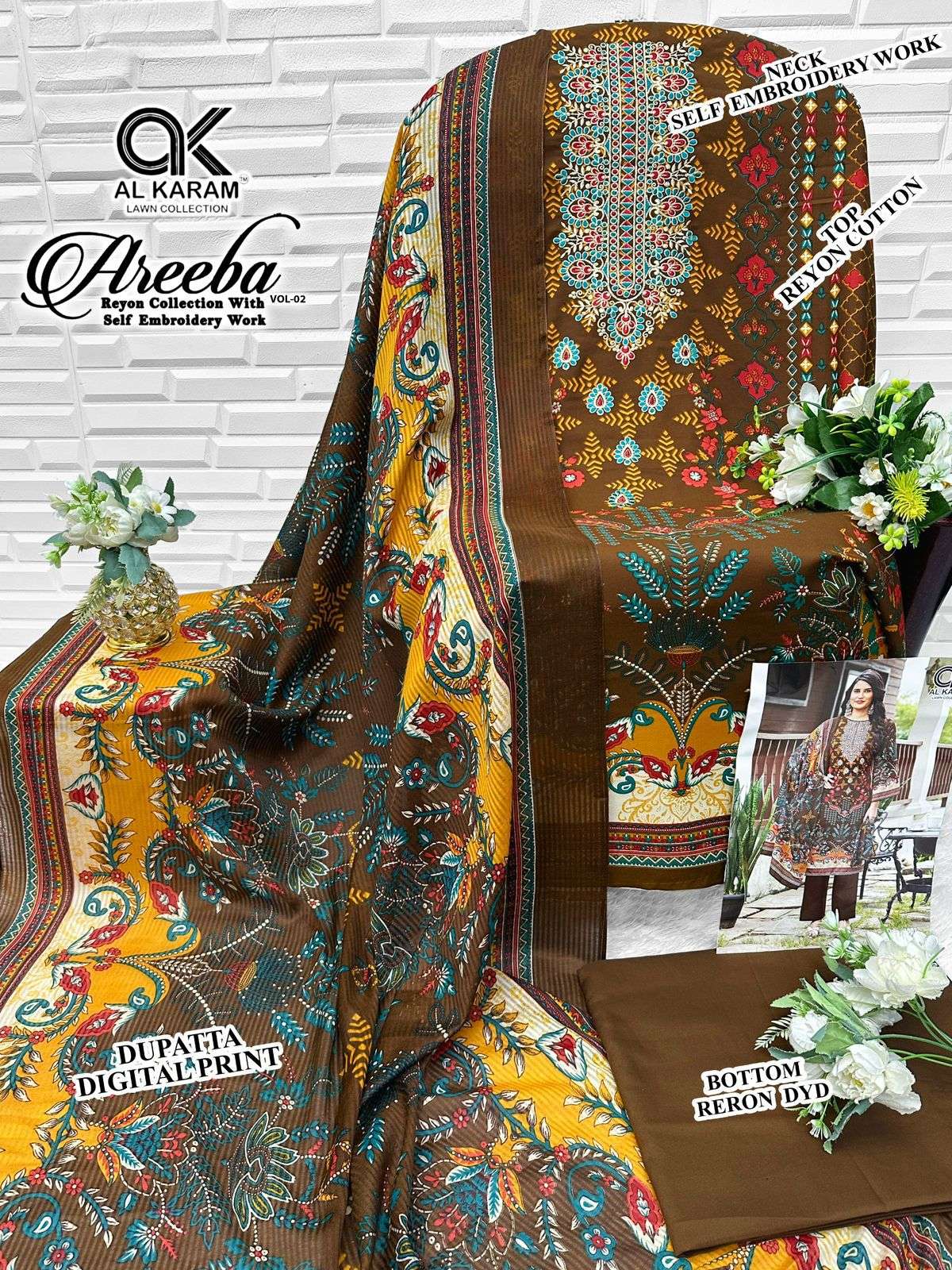 AL KARAM AREEBA VOL 2 RAYON PRINT WITH FANCY EMBROIDERY WORK SUIT
