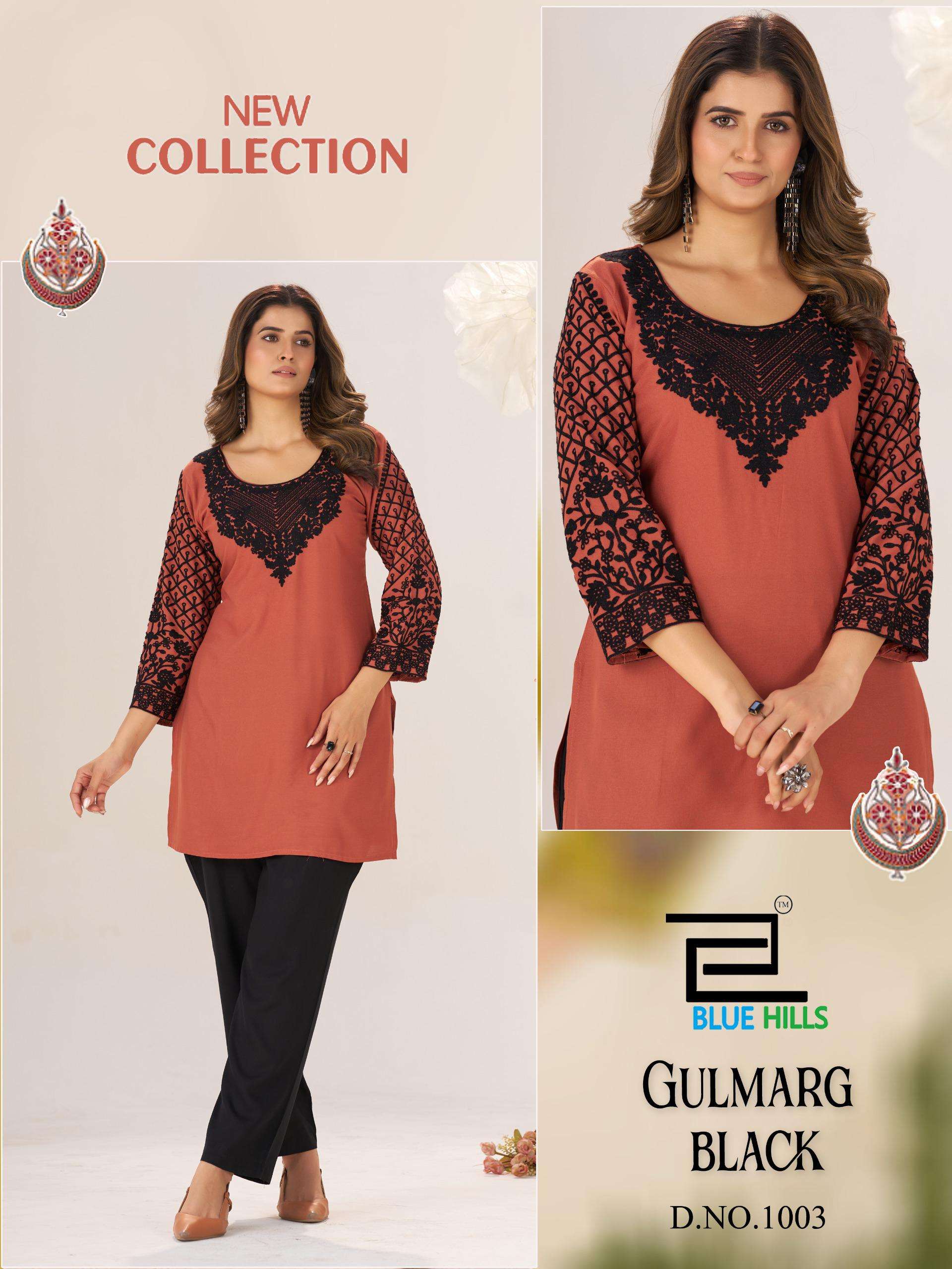 BLUE HILLS GULMARG BLACK RAYON FANCY WORKS LADIES SHORT KURTI
