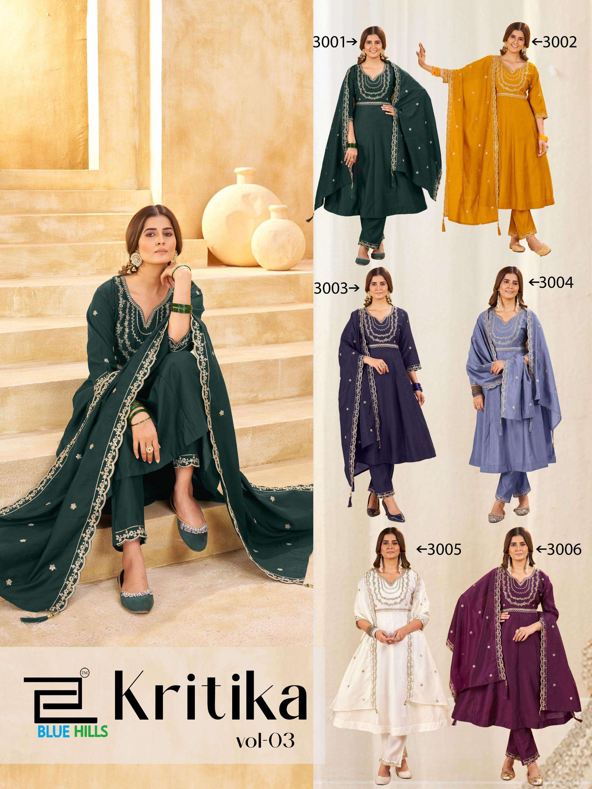 BLUE HILLS KRITIKA VOL 3 SILK WITH EMBROIDERY WORK ANARKALI STYLE 3PCS SET COLLECTION 