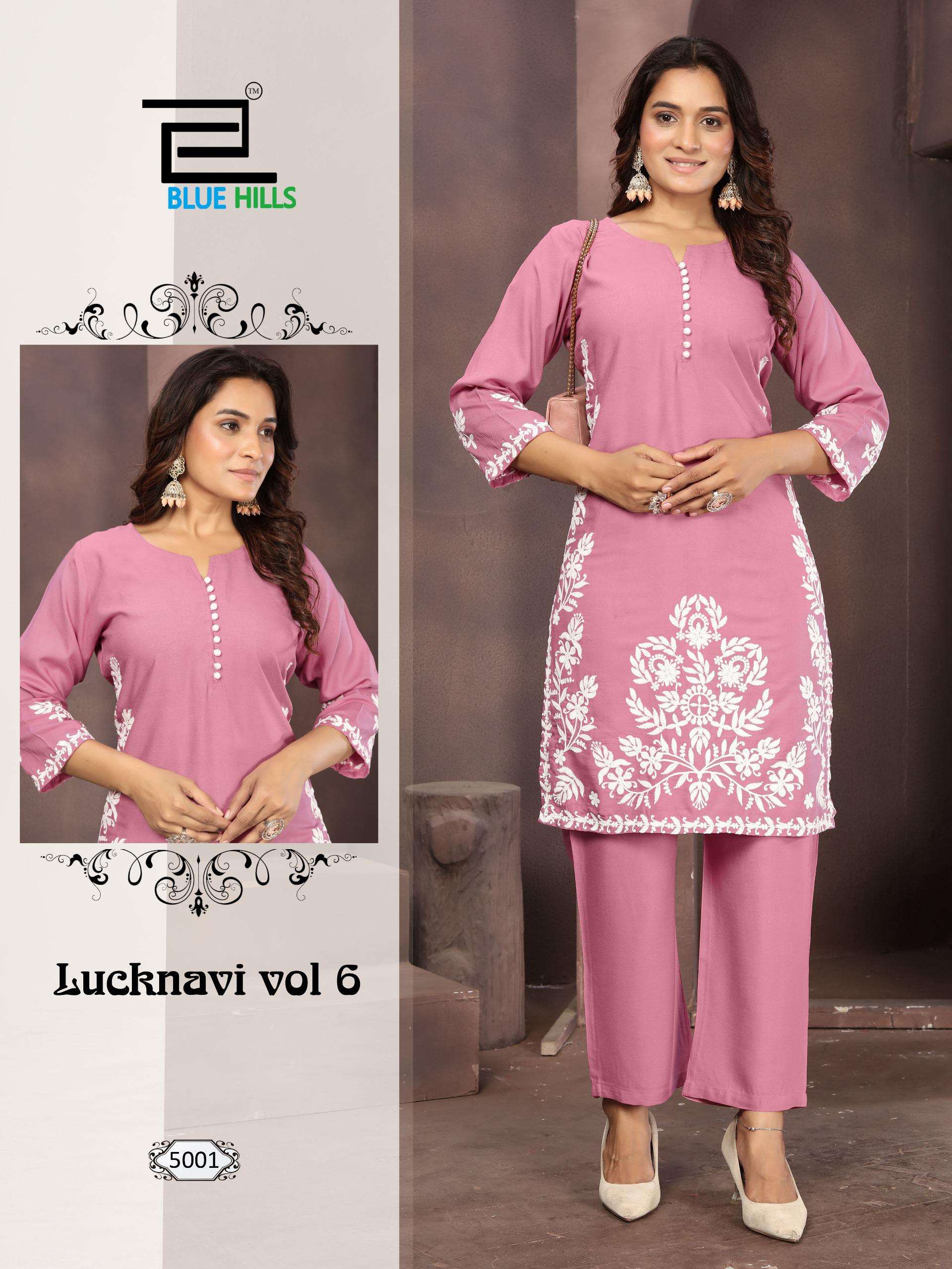 BLUE HILLS LUCKNAVI VOL 6 RAYON FANCY WORKS KURTI WITH BOTTOM PAIR