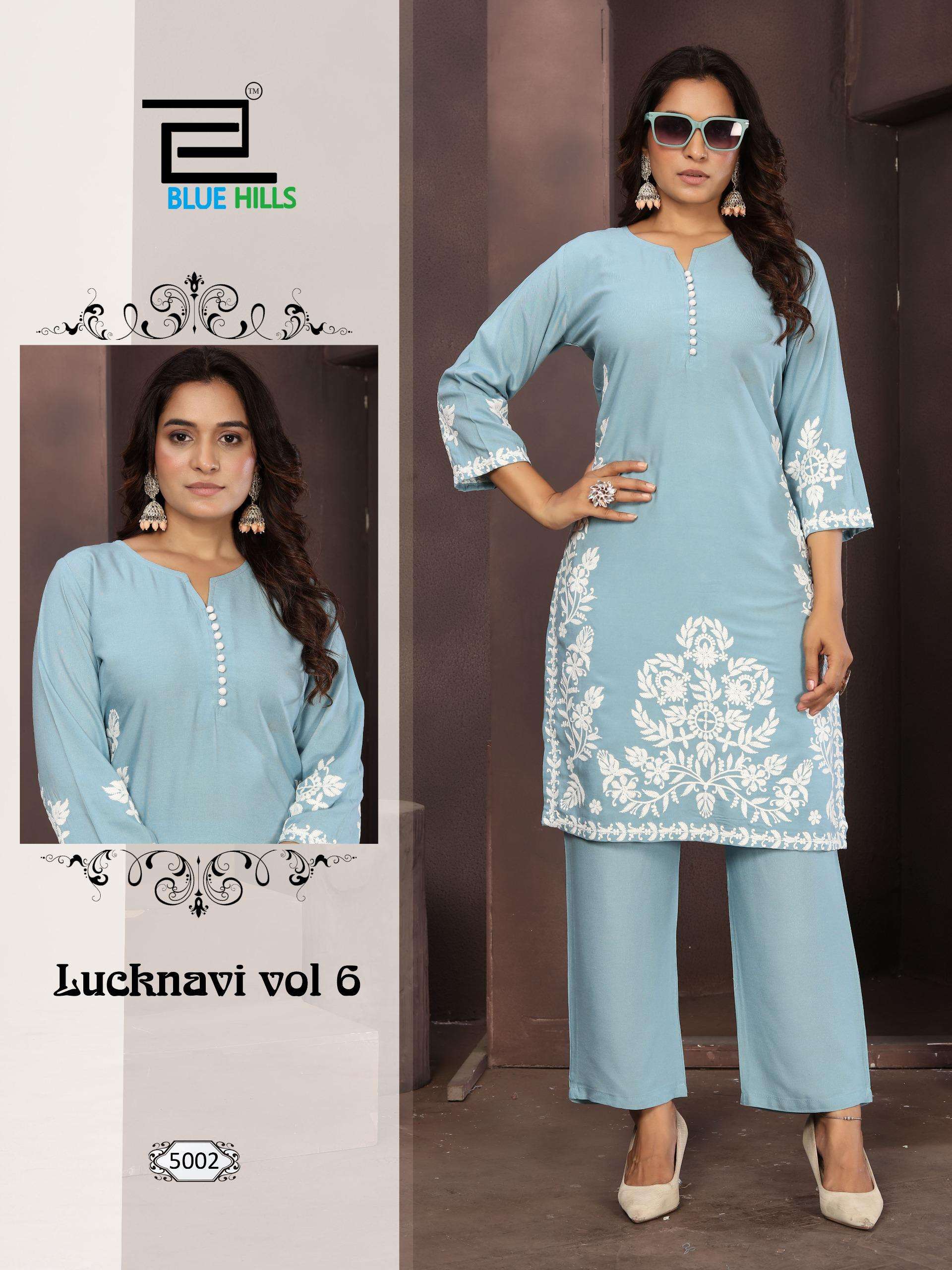 BLUE HILLS LUCKNAVI VOL 6 RAYON FANCY WORKS KURTI WITH BOTTOM PAIR