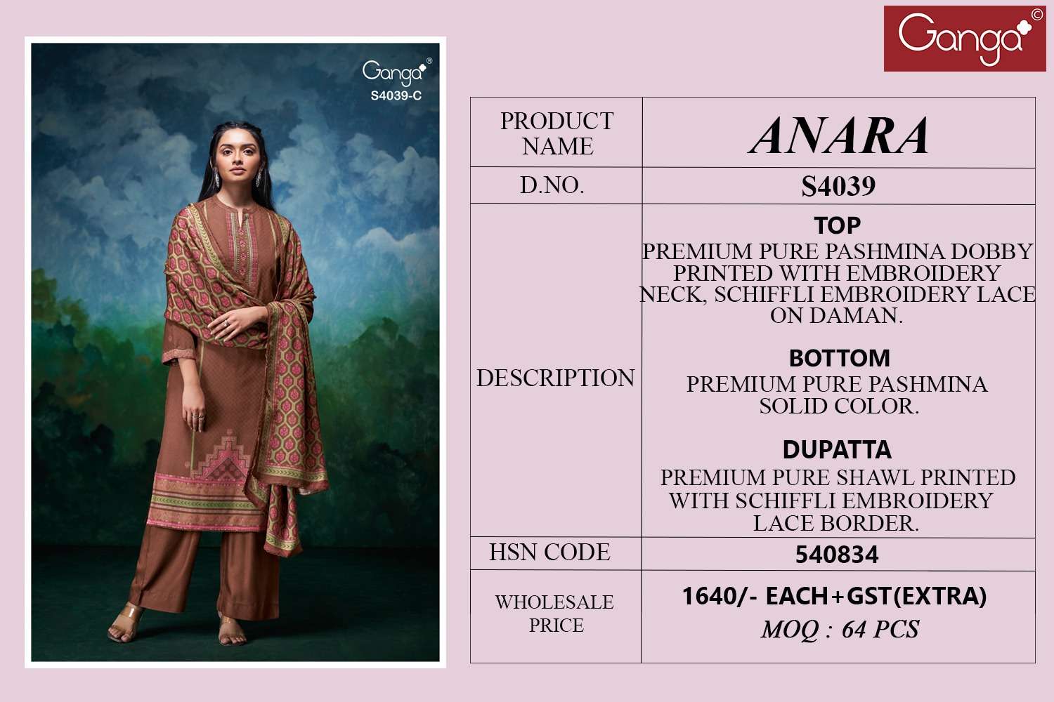 GANGA ANARA 4039 PASHMINA PRINTED WITH DESIGNER WORK SUIT