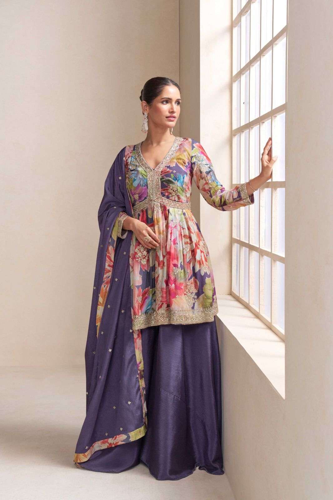 GULKAYRA DESIGNER RAAGA SILK DESIGNER ALIA CUT STYLE TOP PLAZZO AND DUPATTA SET 