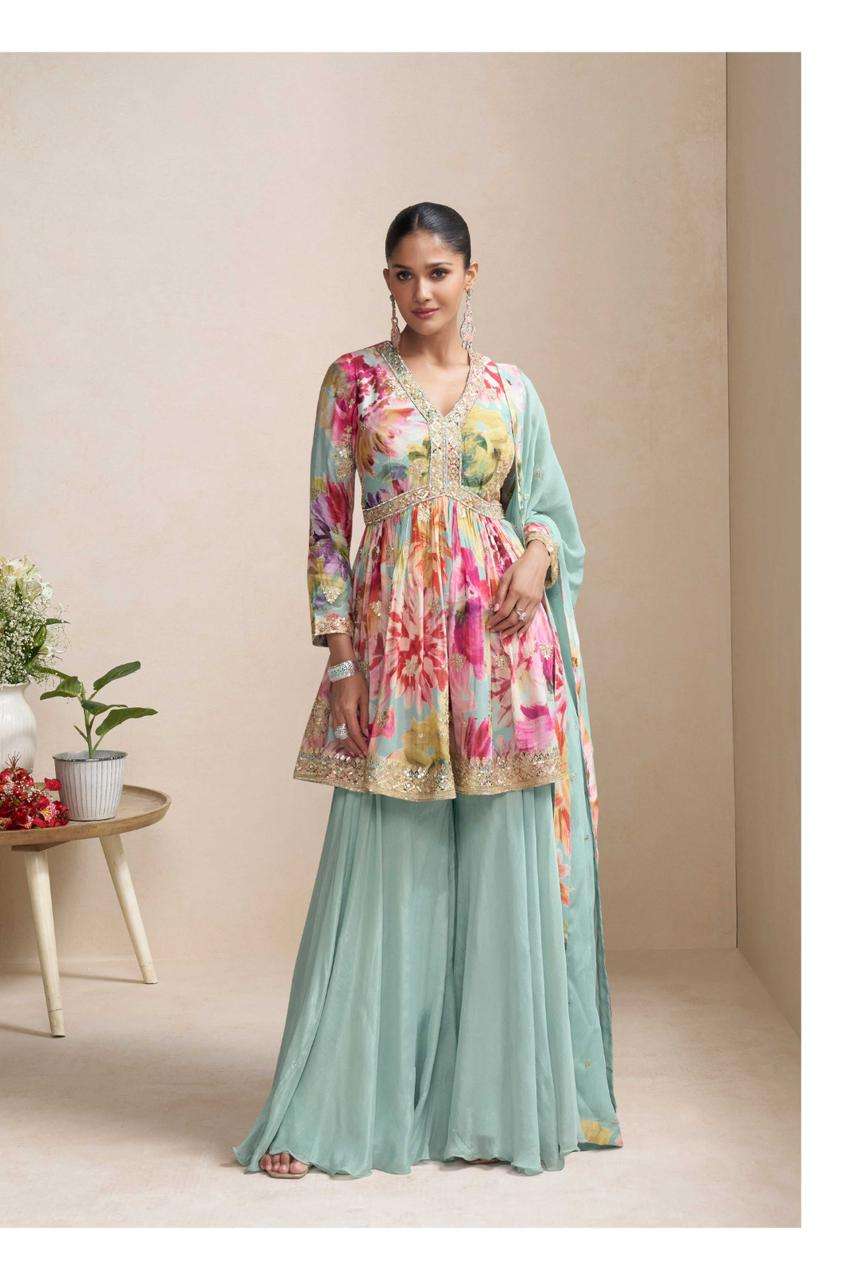 GULKAYRA DESIGNER RAAGA SILK DESIGNER ALIA CUT STYLE TOP PLAZZO AND DUPATTA SET 