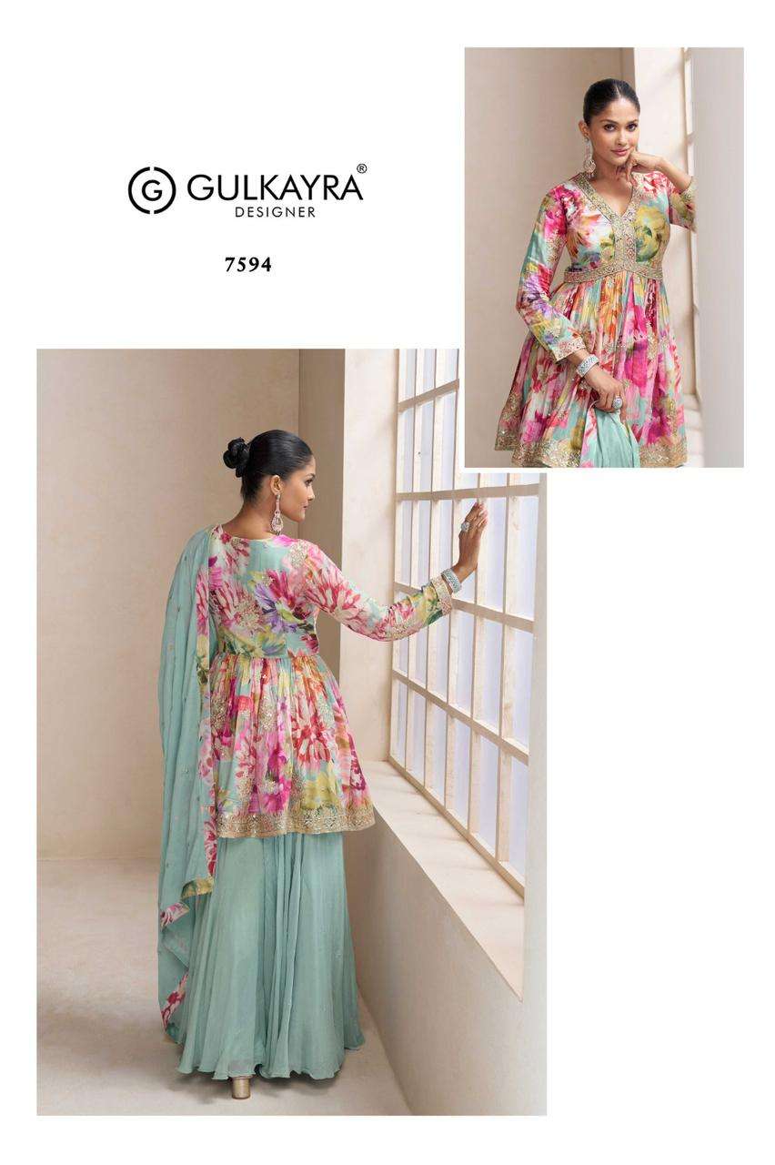 GULKAYRA DESIGNER RAAGA SILK DESIGNER ALIA CUT STYLE TOP PLAZZO AND DUPATTA SET 