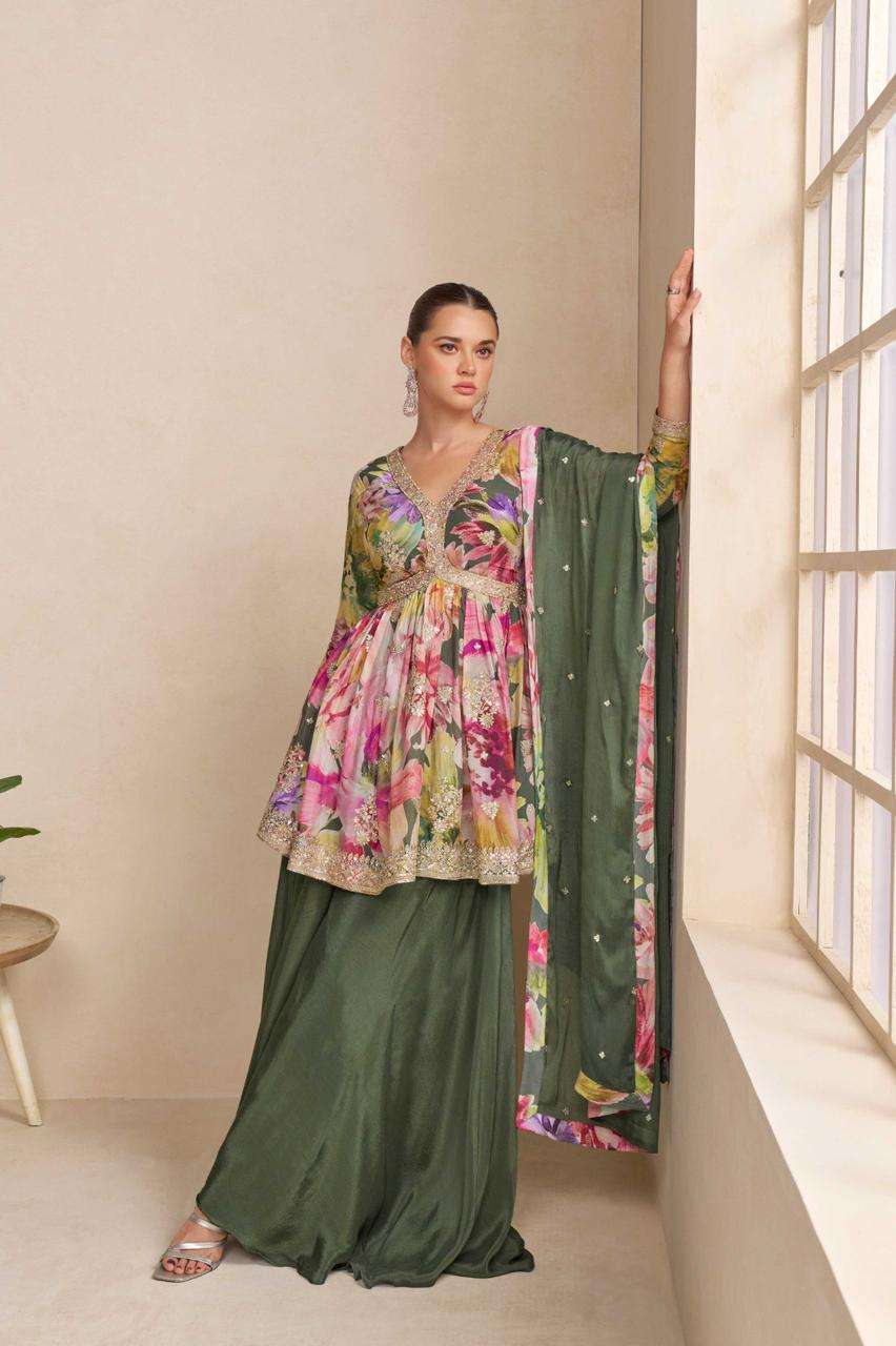GULKAYRA DESIGNER RAAGA SILK DESIGNER ALIA CUT STYLE TOP PLAZZO AND DUPATTA SET 
