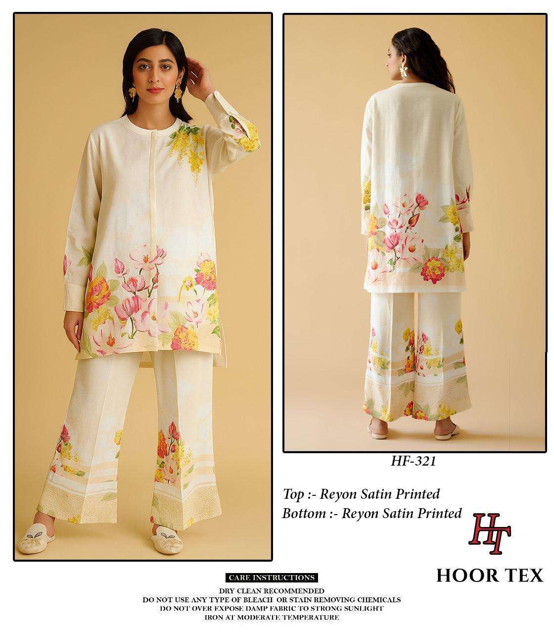 HOOR TEX CO-ORD SET COLLECTION SATIN PRINTED PAKISTANI STYLE KURTI WITH BOTTOM PAIR 