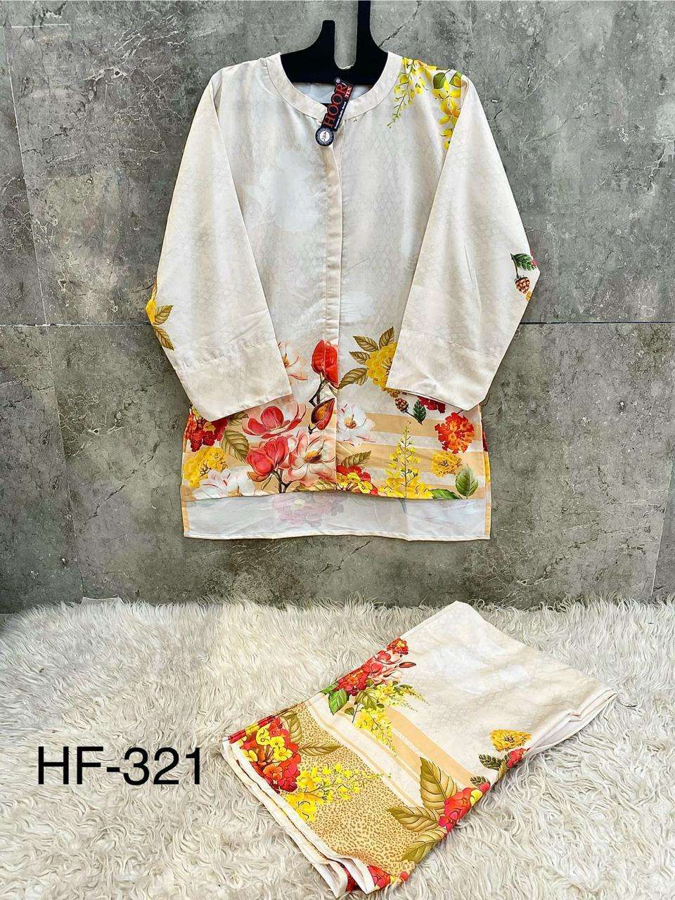 HOOR TEX CO-ORD SET COLLECTION SATIN PRINTED PAKISTANI STYLE KURTI WITH BOTTOM PAIR 