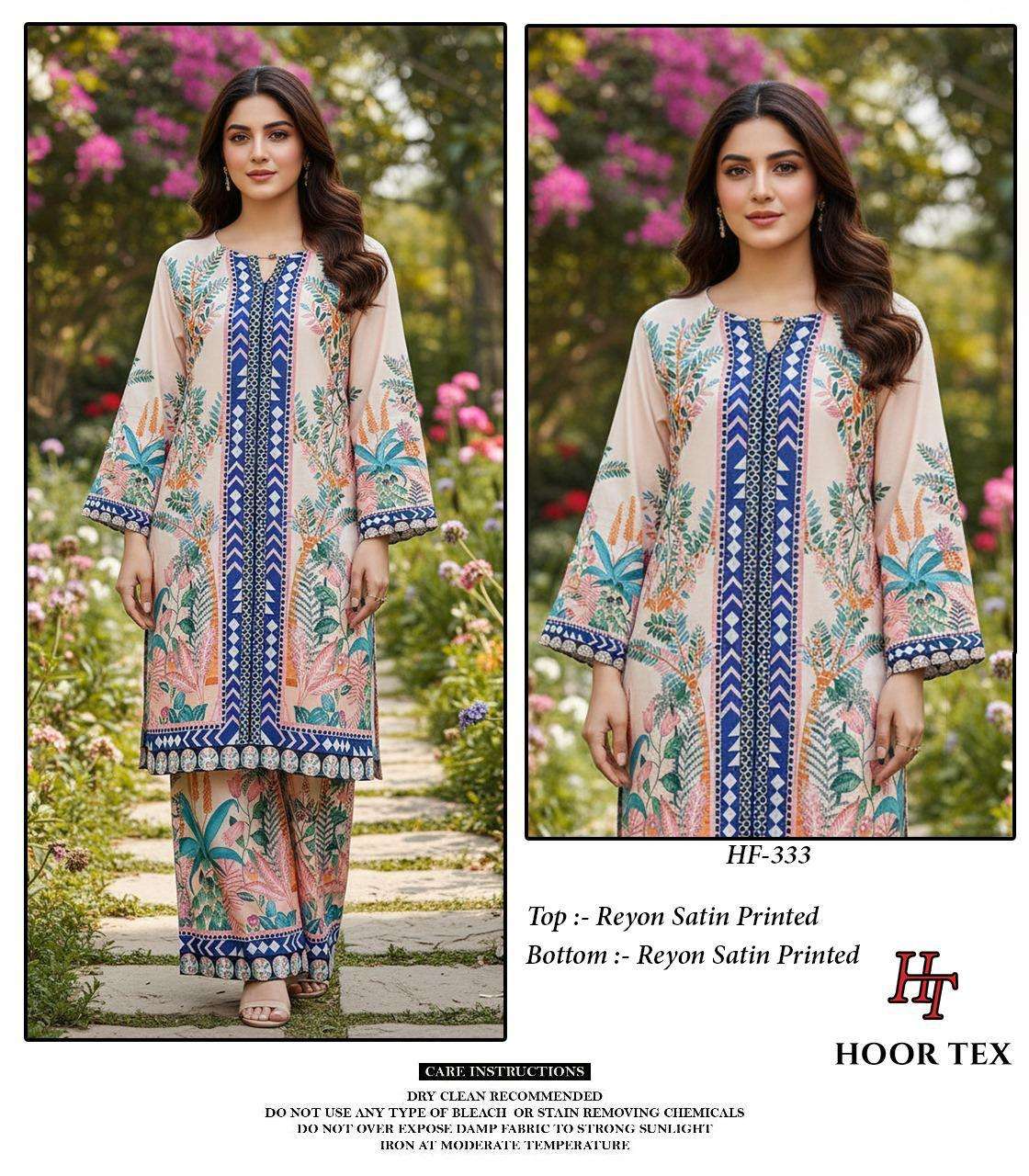 HOOR TEX CO-ORD SET COLLECTION SATIN PRINTED PAKISTANI STYLE KURTI WITH BOTTOM PAIR 