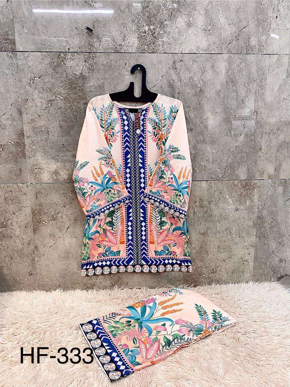 HOOR TEX CO-ORD SET COLLECTION SATIN PRINTED PAKISTANI STYLE KURTI WITH BOTTOM PAIR 