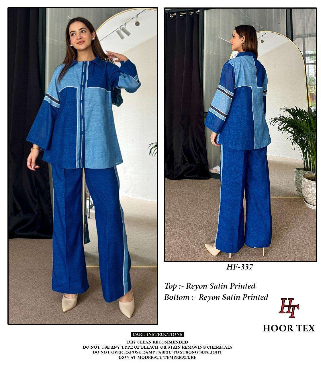 HOOR TEX CO-ORD SET COLLECTION SATIN PRINTED PAKISTANI STYLE KURTI WITH BOTTOM PAIR 