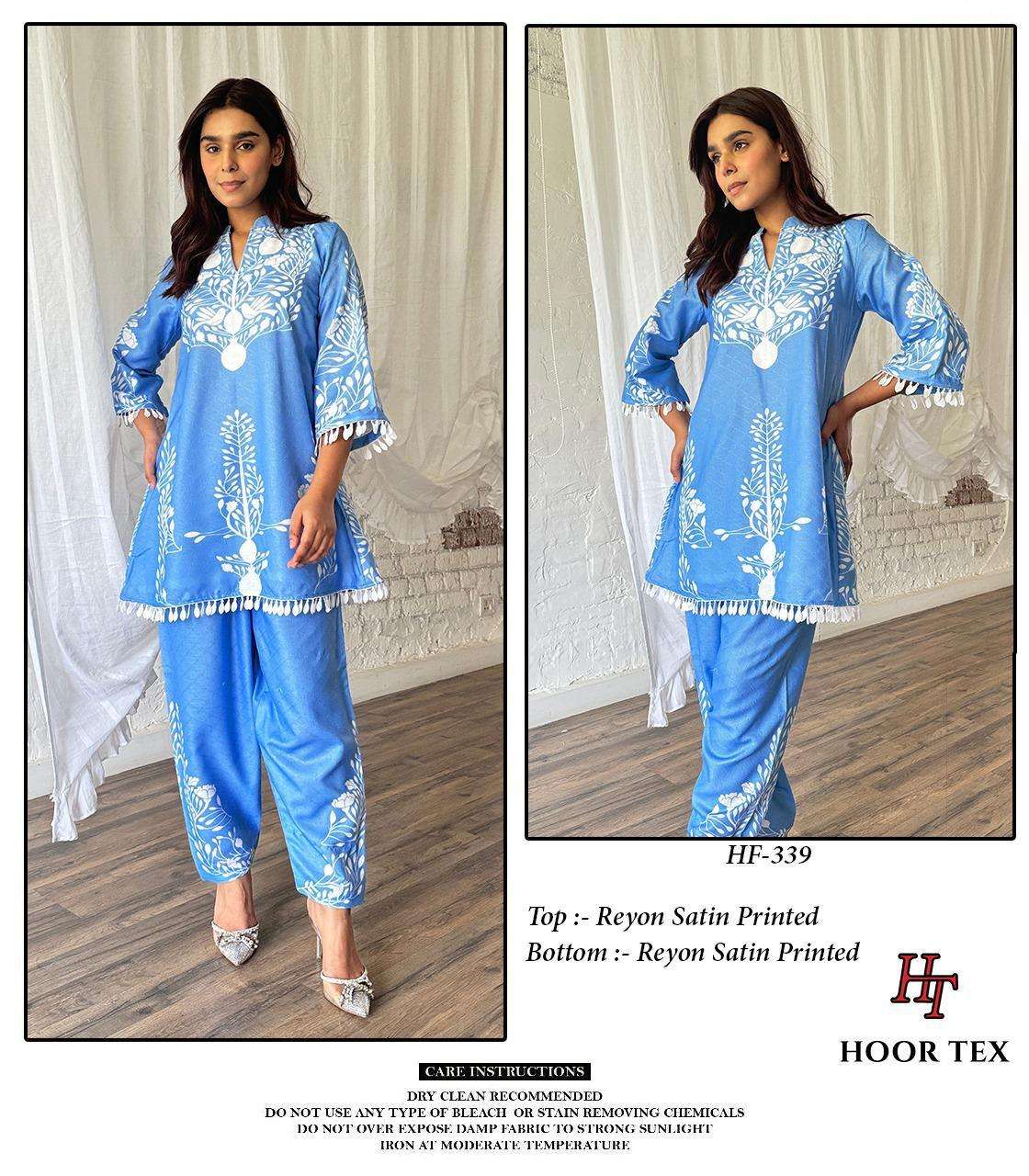 HOOR TEX CO-ORD SET COLLECTION SATIN PRINTED PAKISTANI STYLE KURTI WITH BOTTOM PAIR 