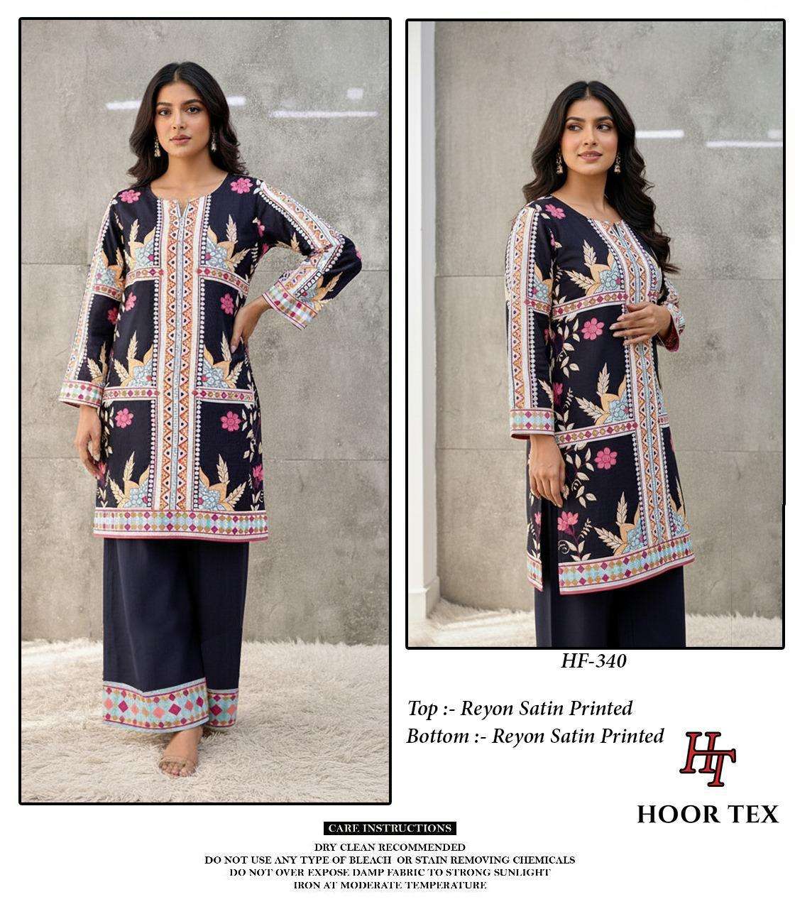 HOOR TEX CO-ORD SET COLLECTION SATIN PRINTED PAKISTANI STYLE KURTI WITH BOTTOM PAIR 
