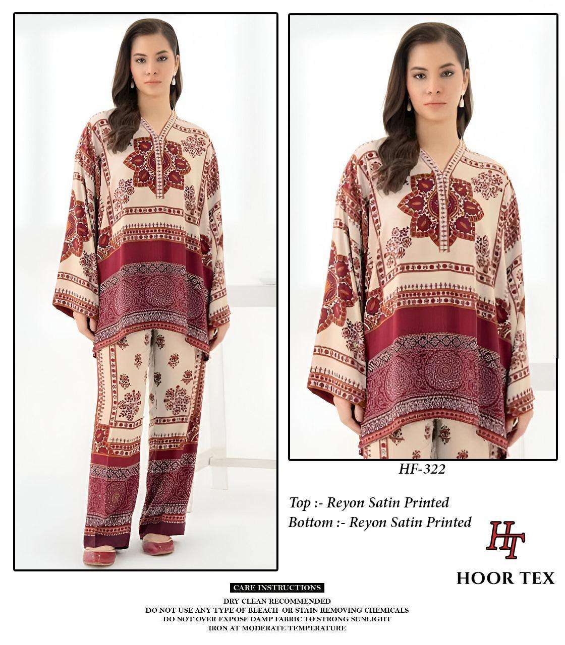 HOOR TEX CO-ORD SET COLLECTION SATIN PRINTED PAKISTANI STYLE KURTI WITH BOTTOM PAIR 