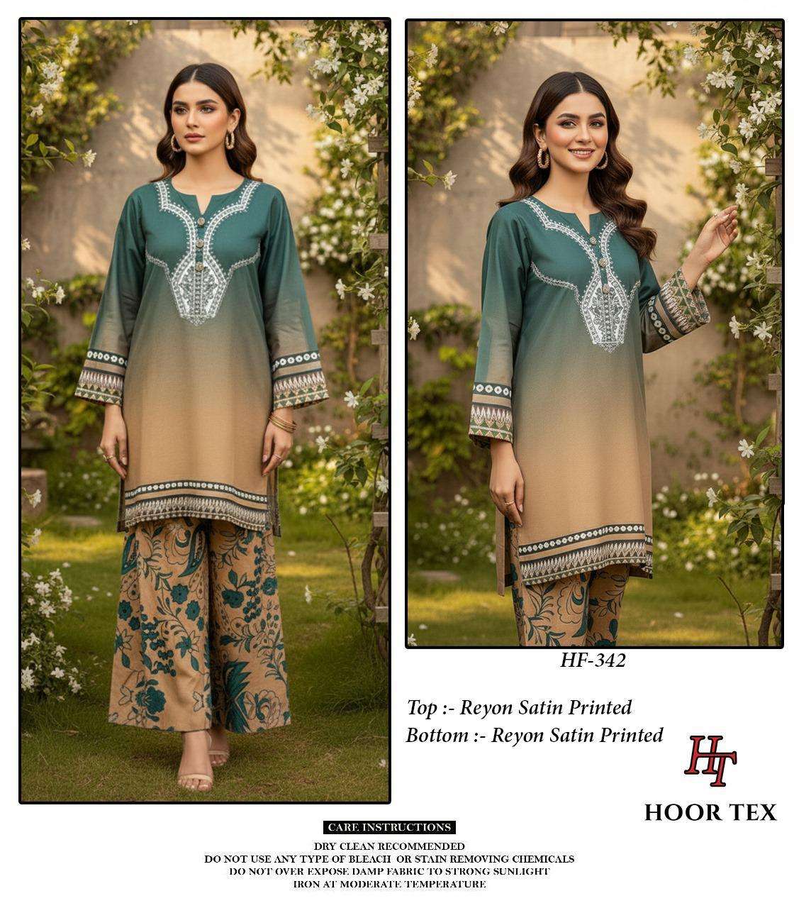 HOOR TEX CO-ORD SET COLLECTION SATIN PRINTED PAKISTANI STYLE KURTI WITH BOTTOM PAIR 