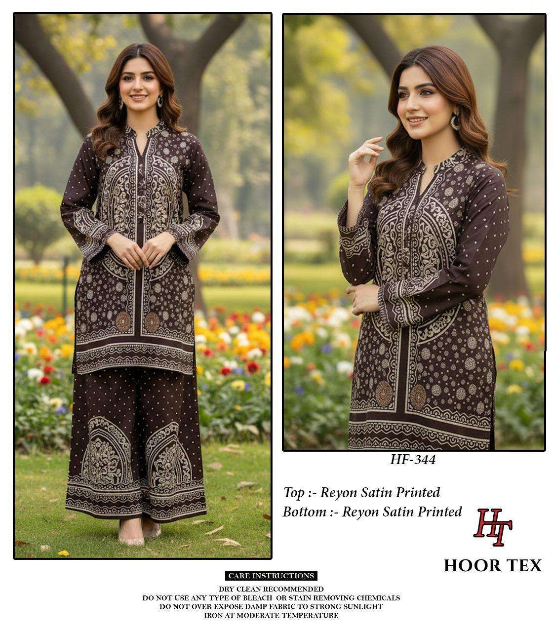 HOOR TEX CO-ORD SET COLLECTION SATIN PRINTED PAKISTANI STYLE KURTI WITH BOTTOM PAIR 