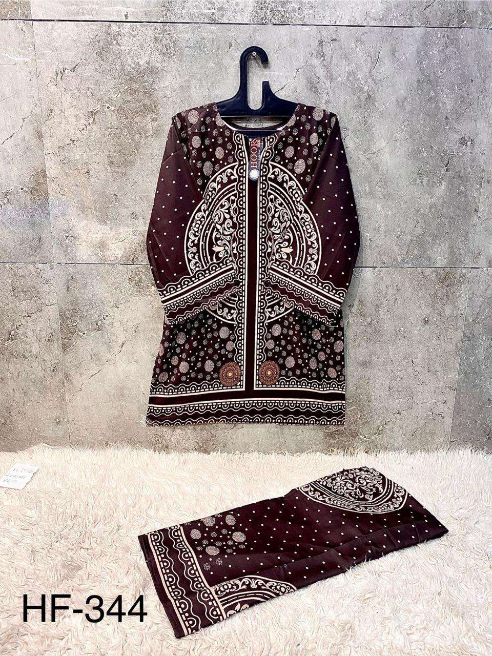HOOR TEX CO-ORD SET COLLECTION SATIN PRINTED PAKISTANI STYLE KURTI WITH BOTTOM PAIR 