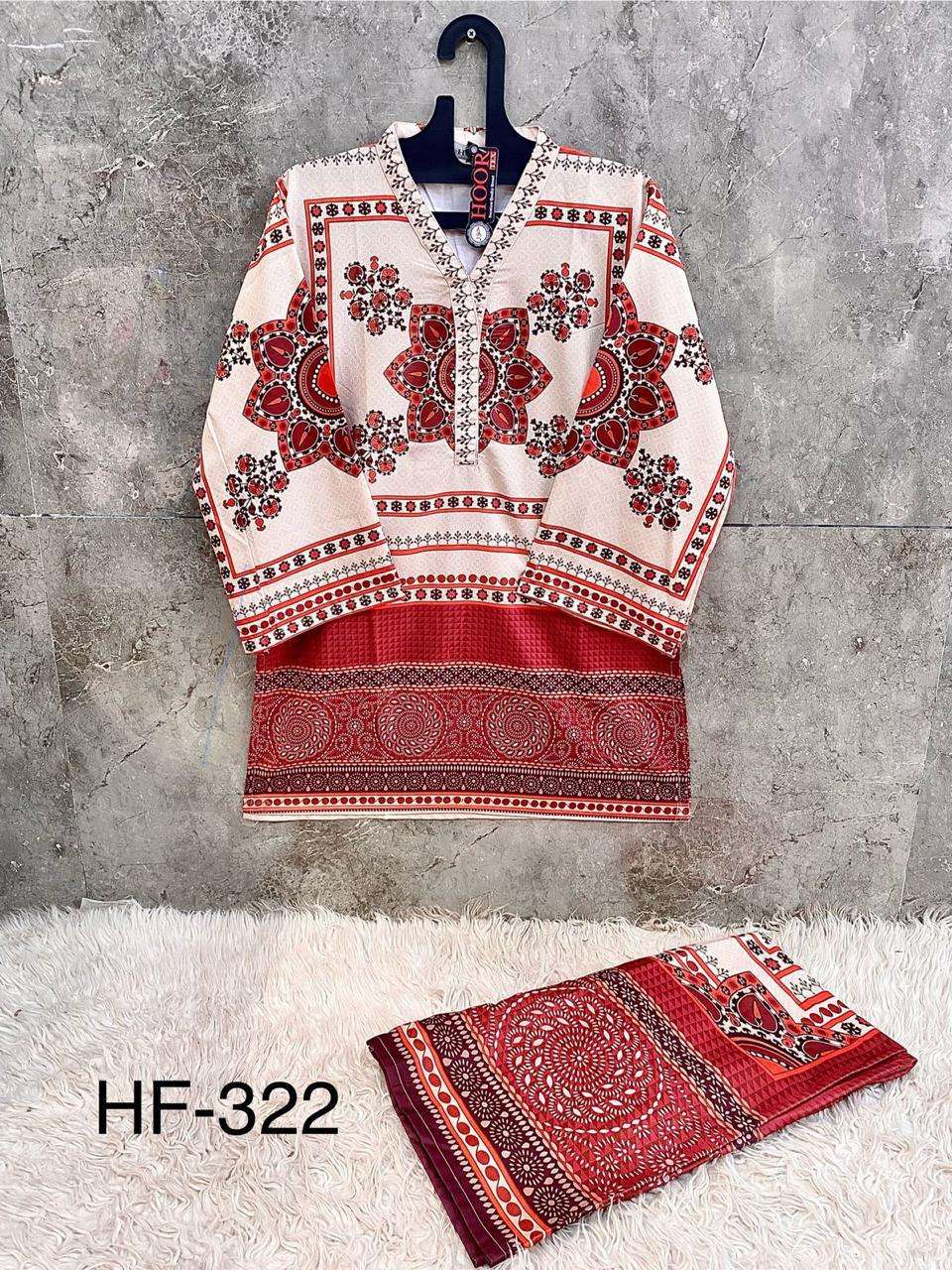 HOOR TEX CO-ORD SET COLLECTION SATIN PRINTED PAKISTANI STYLE KURTI WITH BOTTOM PAIR 