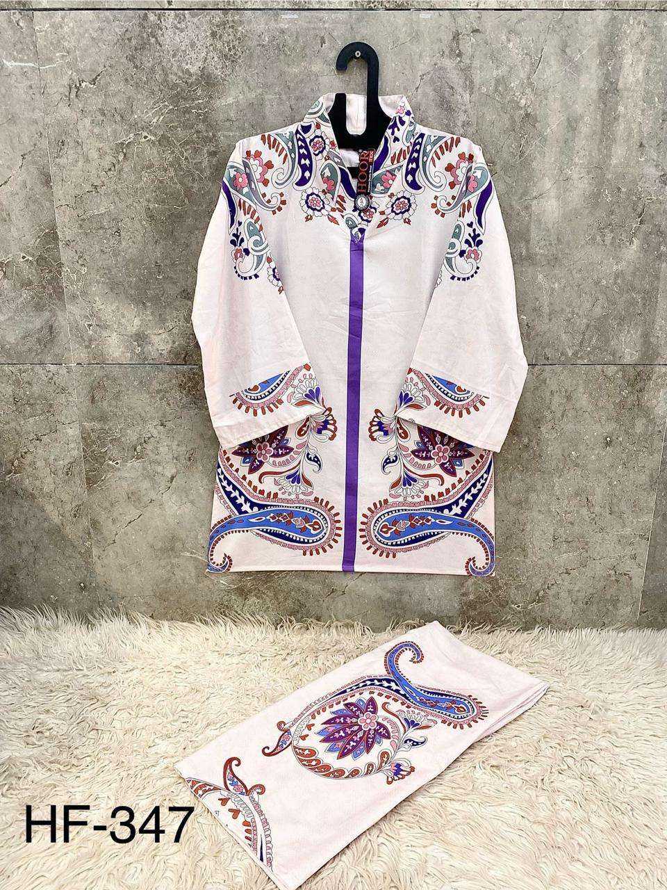 HOOR TEX CO-ORD SET COLLECTION SATIN PRINTED PAKISTANI STYLE KURTI WITH BOTTOM PAIR 