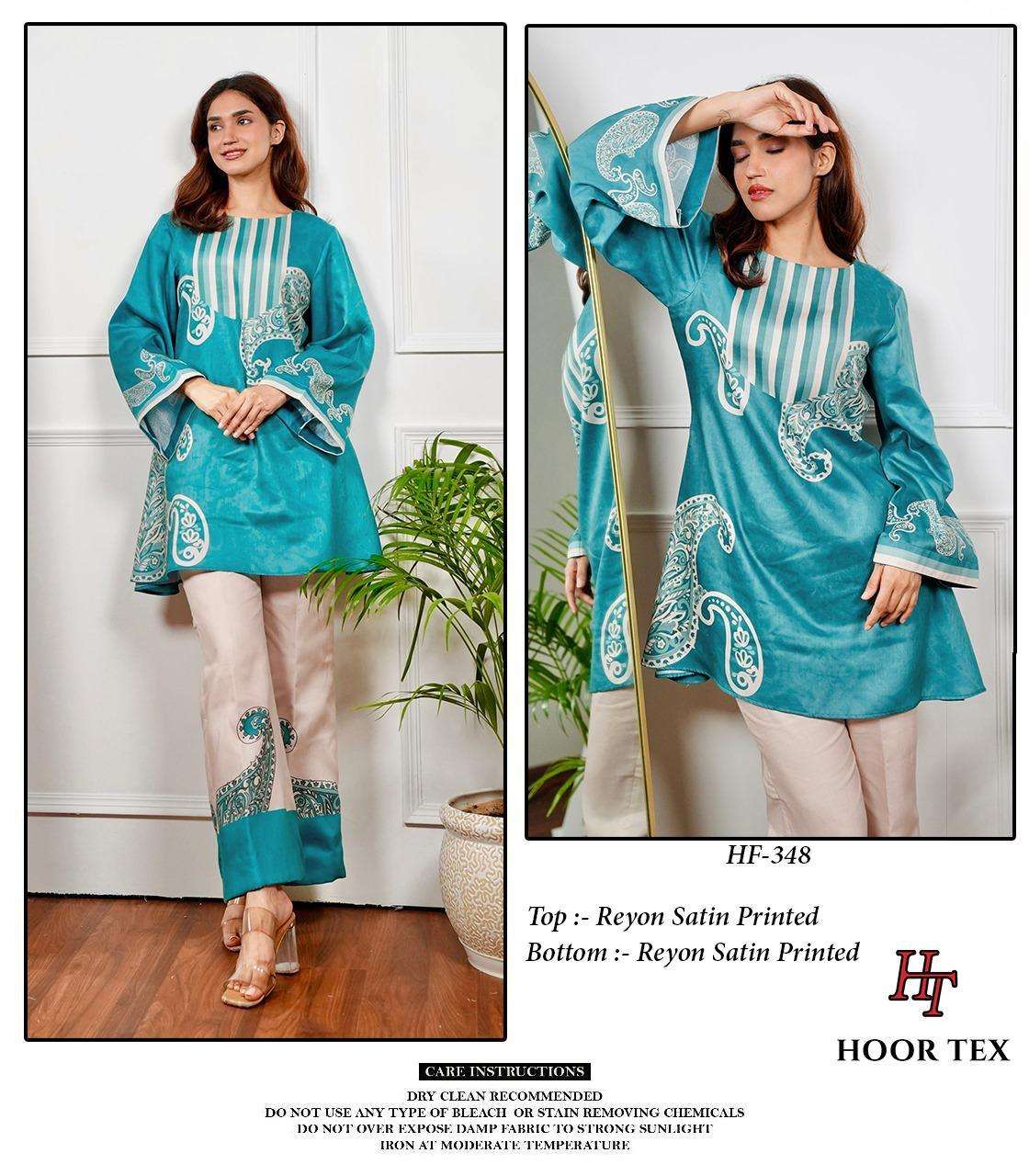 HOOR TEX CO-ORD SET COLLECTION SATIN PRINTED PAKISTANI STYLE KURTI WITH BOTTOM PAIR 