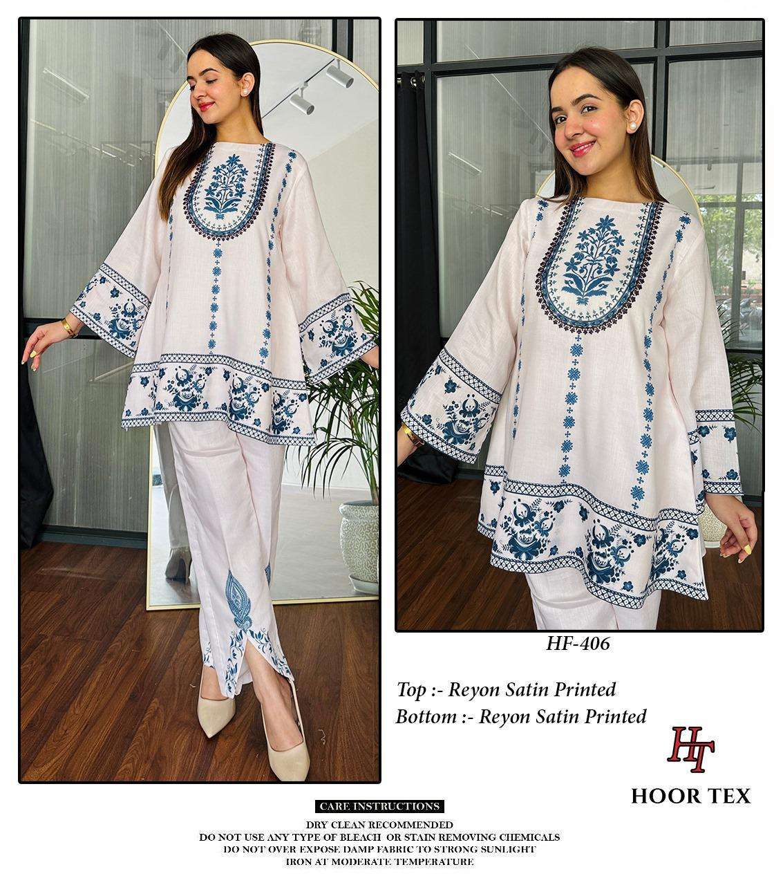 HOOR TEX CO-ORD SET COLLECTION SATIN PRINTED PAKISTANI STYLE KURTI WITH BOTTOM PAIR 