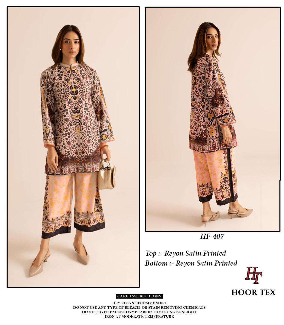 HOOR TEX CO-ORD SET COLLECTION SATIN PRINTED PAKISTANI STYLE KURTI WITH BOTTOM PAIR 
