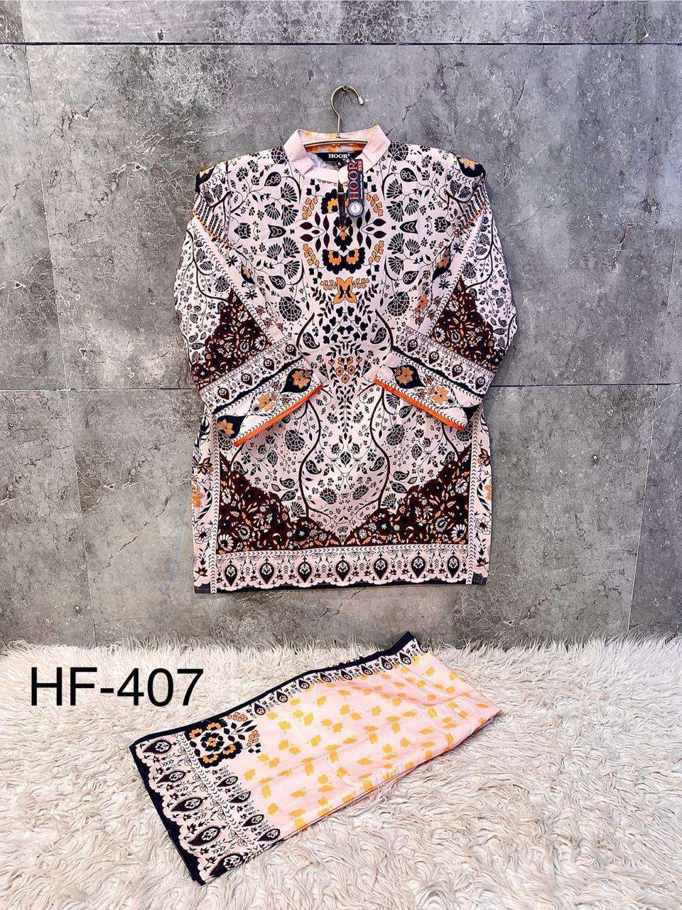 HOOR TEX CO-ORD SET COLLECTION SATIN PRINTED PAKISTANI STYLE KURTI WITH BOTTOM PAIR 