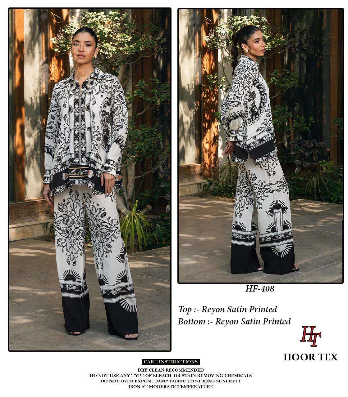 HOOR TEX CO-ORD SET COLLECTION SATIN PRINTED PAKISTANI STYLE KURTI WITH BOTTOM PAIR 