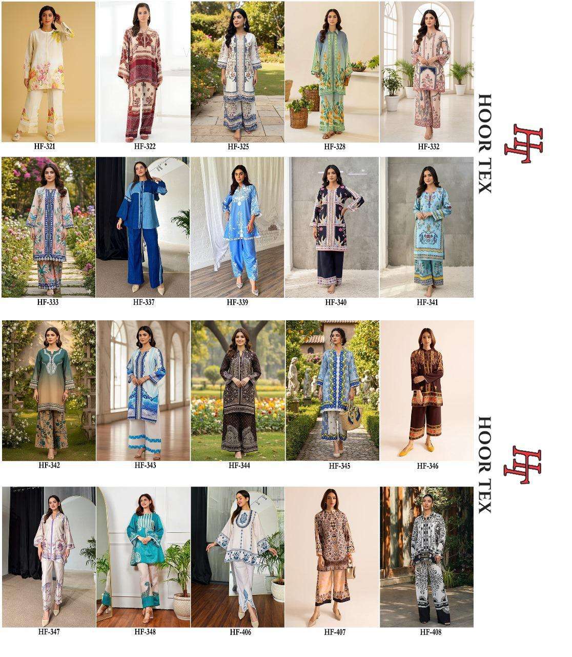 HOOR TEX CO-ORD SET COLLECTION SATIN PRINTED PAKISTANI STYLE KURTI WITH BOTTOM PAIR 
