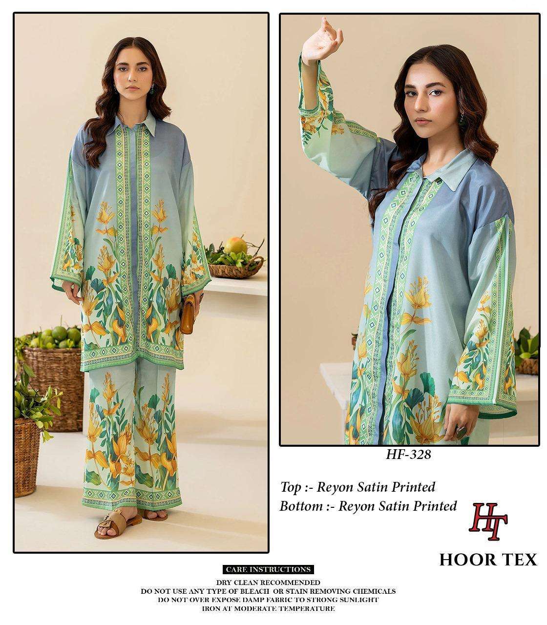 HOOR TEX CO-ORD SET COLLECTION SATIN PRINTED PAKISTANI STYLE KURTI WITH BOTTOM PAIR 
