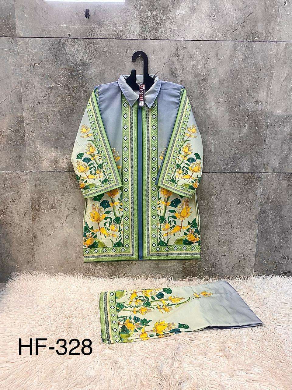 HOOR TEX CO-ORD SET COLLECTION SATIN PRINTED PAKISTANI STYLE KURTI WITH BOTTOM PAIR 
