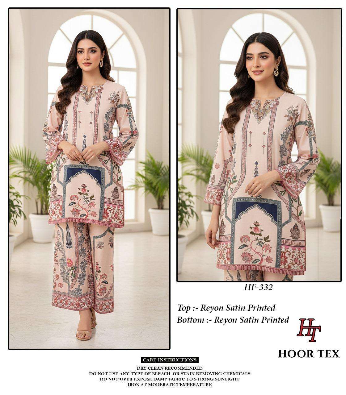 HOOR TEX CO-ORD SET COLLECTION SATIN PRINTED PAKISTANI STYLE KURTI WITH BOTTOM PAIR 