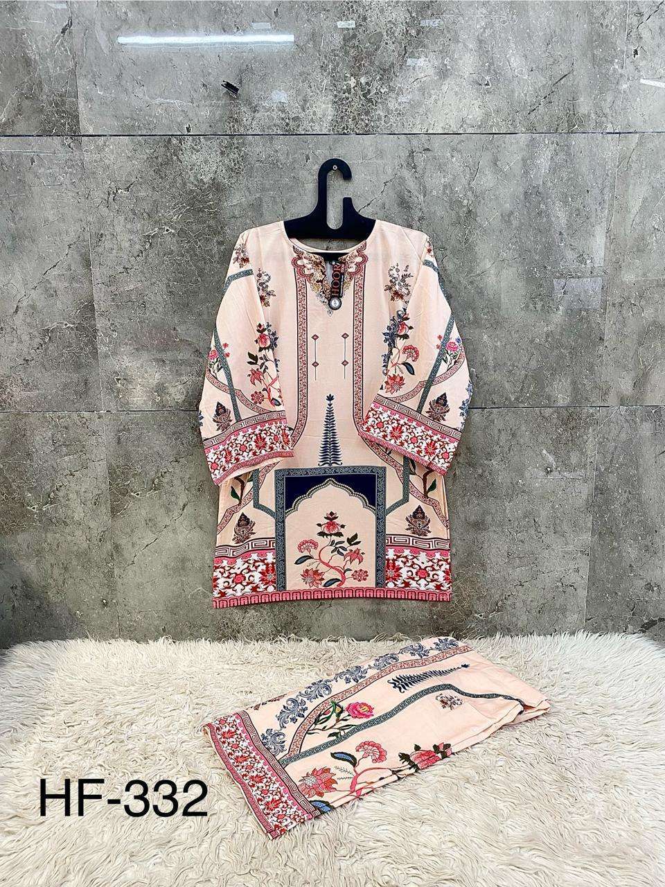 HOOR TEX CO-ORD SET COLLECTION SATIN PRINTED PAKISTANI STYLE KURTI WITH BOTTOM PAIR 