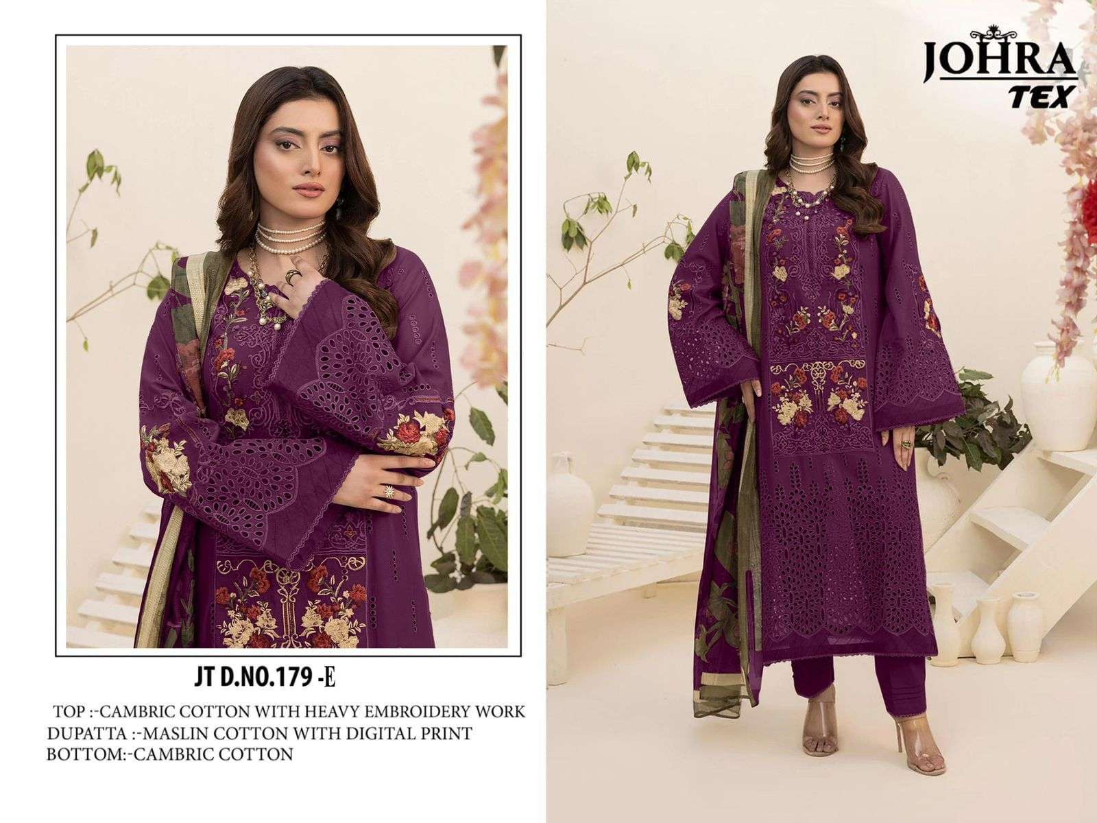 JOHRA TEX DESIGN NO - JT - 179 DE CAMBRIC COTTON CHIKANKARI EMBROIDERED WORK PAKISTANI SUIT