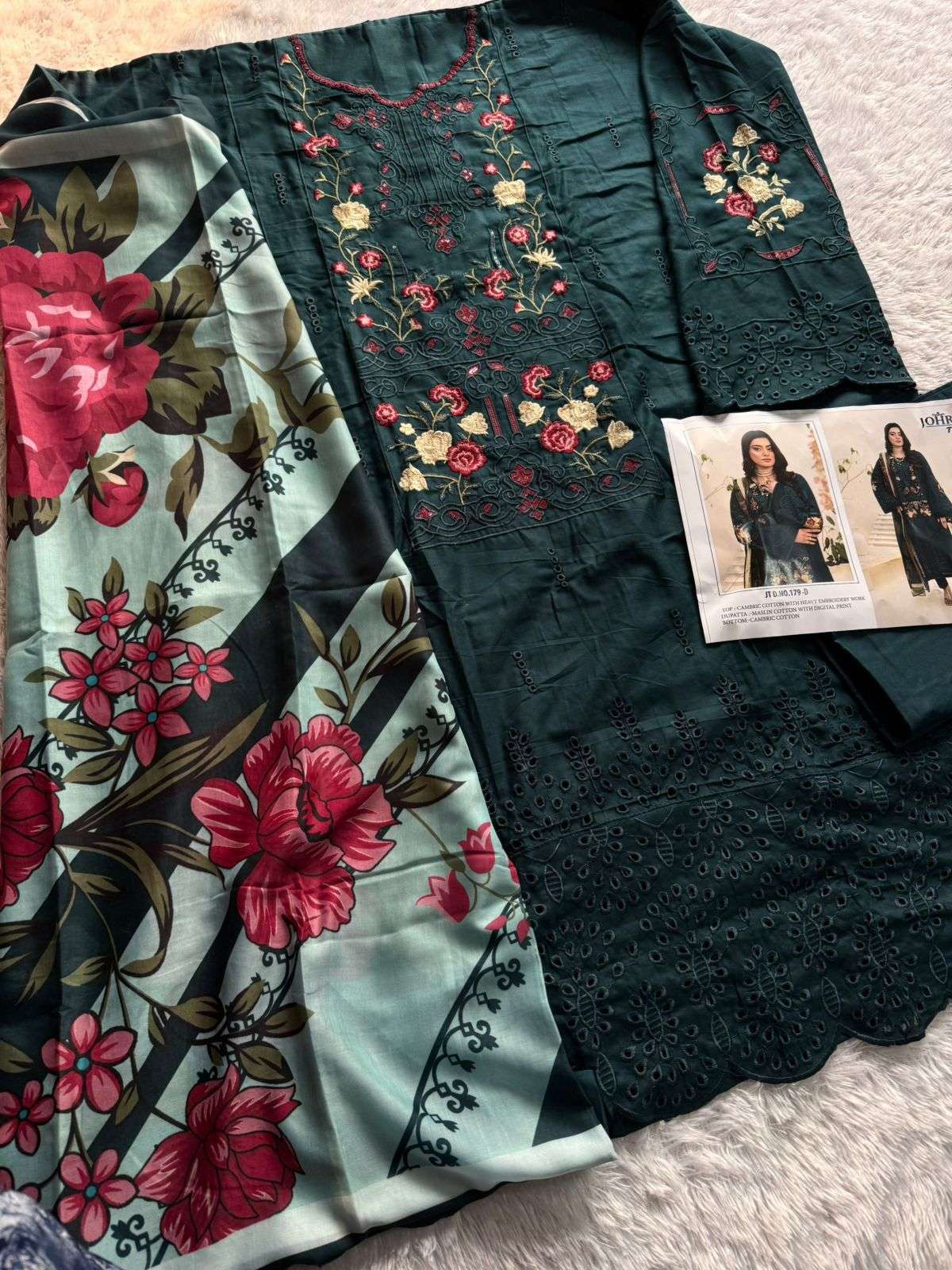 JOHRA TEX DESIGN NO - JT - 179 DE CAMBRIC COTTON CHIKANKARI EMBROIDERED WORK PAKISTANI SUIT