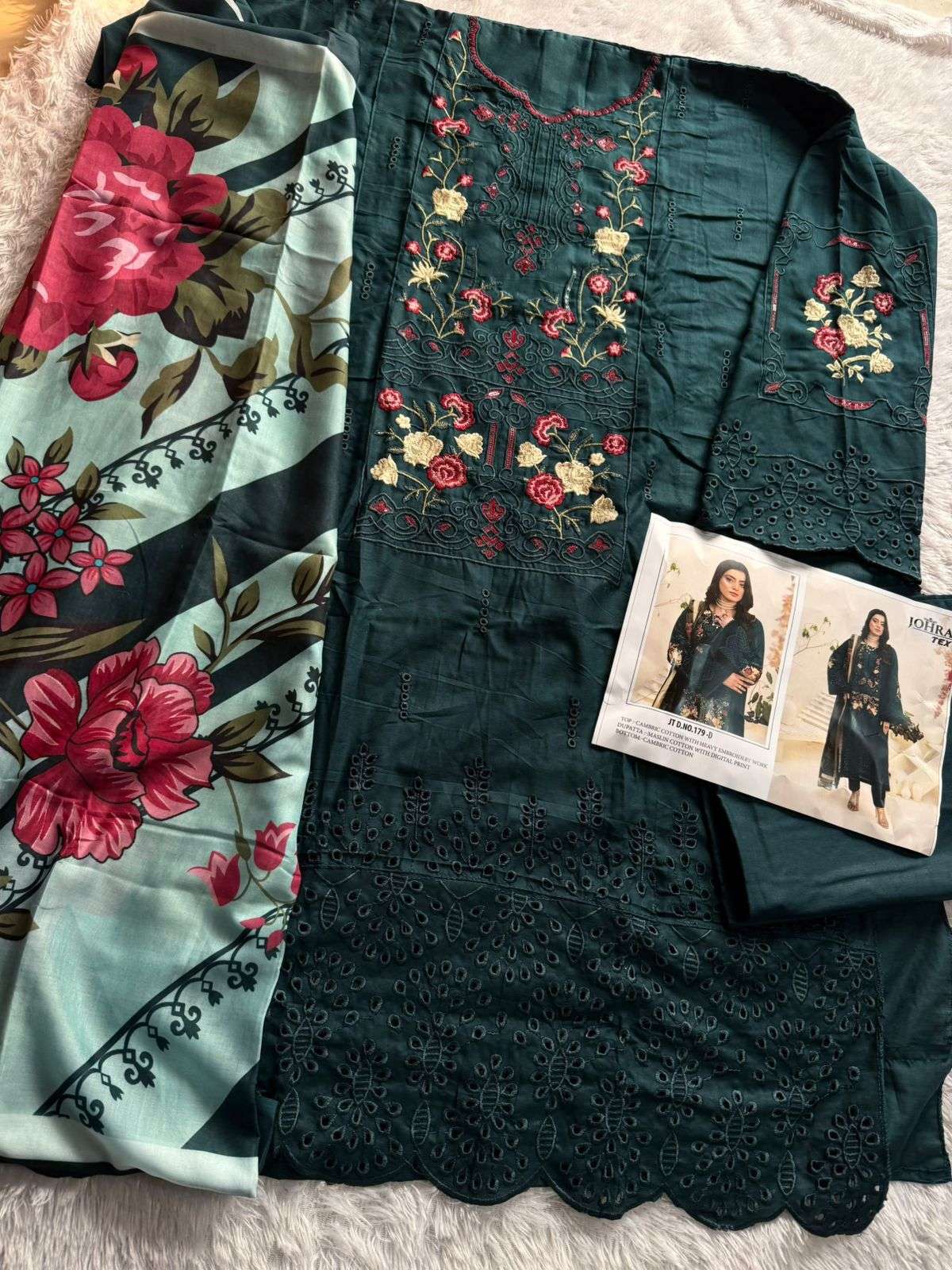 JOHRA TEX DESIGN NO - JT - 179 DE CAMBRIC COTTON CHIKANKARI EMBROIDERED WORK PAKISTANI SUIT