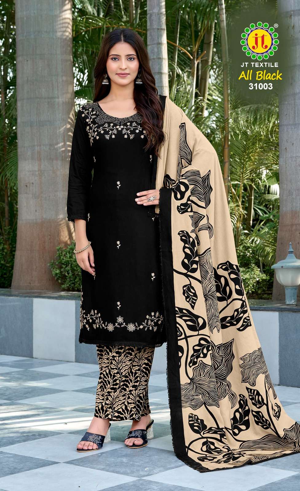 JT ALL BLACK VOL 31 RAYON FANCY SEQUENCE EMBROIDERY WORK SUIT