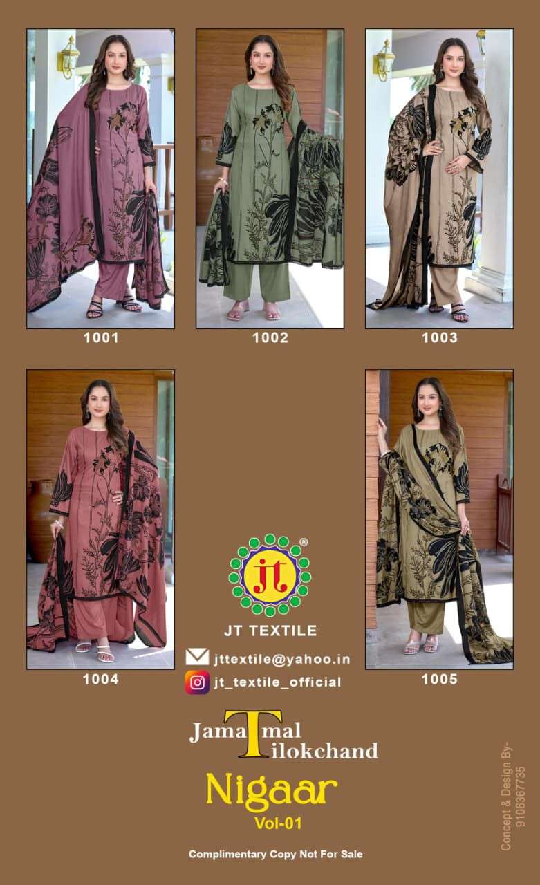 JT NIGAAR VOL 1 RAYON PREMIUM WORKS LADIES SALWAR SUIT