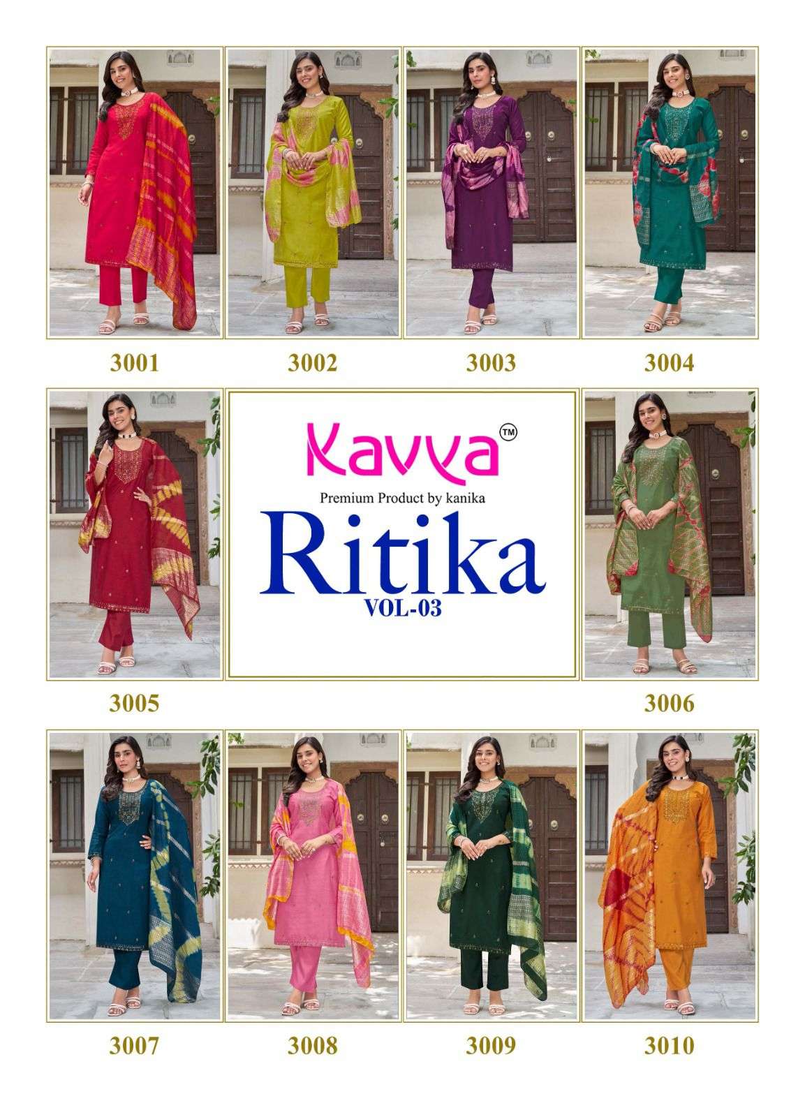 KAVYA RITIKA VOL 3 VISCOSE FANCY EMBROIDERIES WORK LADIES 3PCS SET COLLECTION 