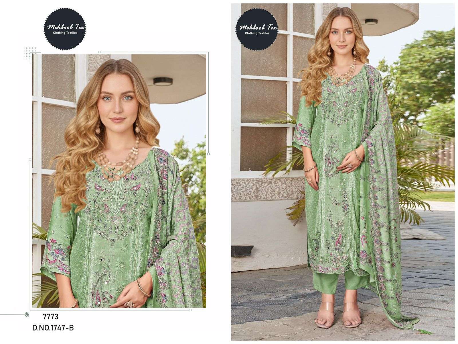 MEHBOOB TEX DESIGN NO - 1747 PURE VISCOSE MUSLIN DIGITAL PRINT AARI HANDWORK PAKISTANI SALWAR SUIT