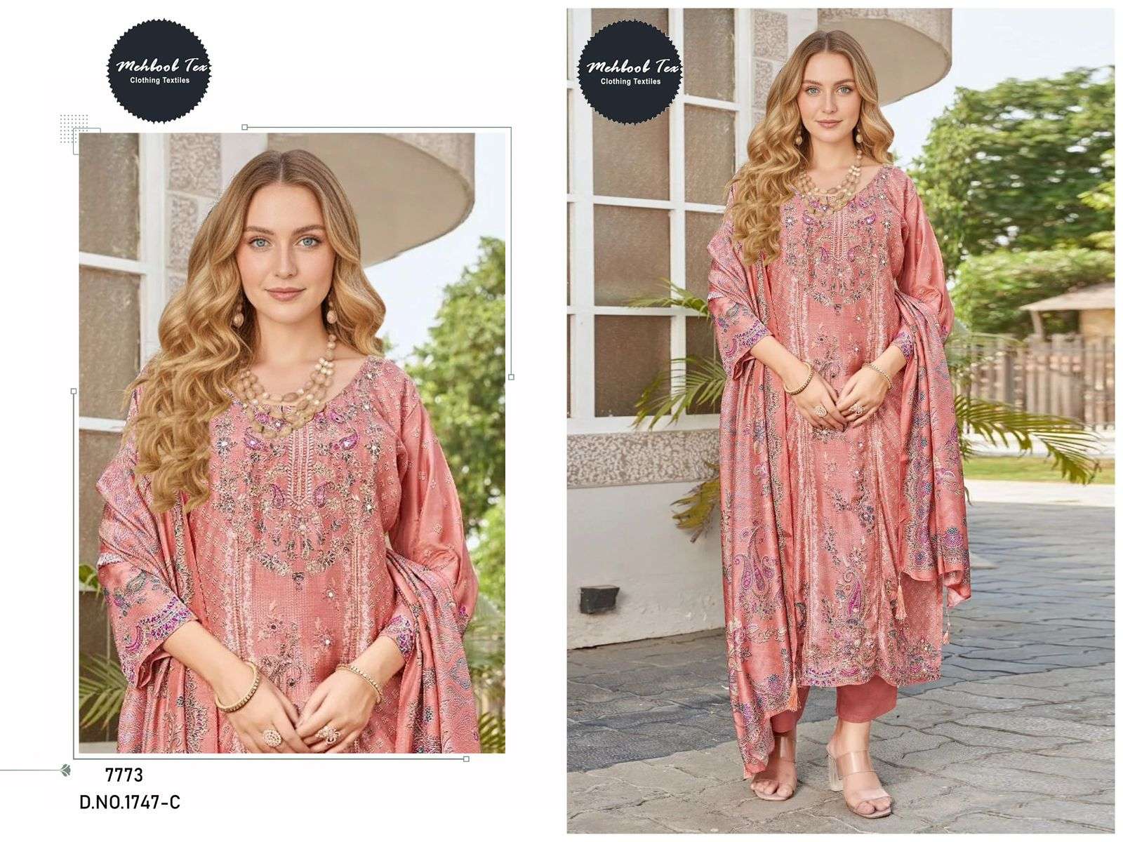MEHBOOB TEX DESIGN NO - 1747 PURE VISCOSE MUSLIN DIGITAL PRINT AARI HANDWORK PAKISTANI SALWAR SUIT