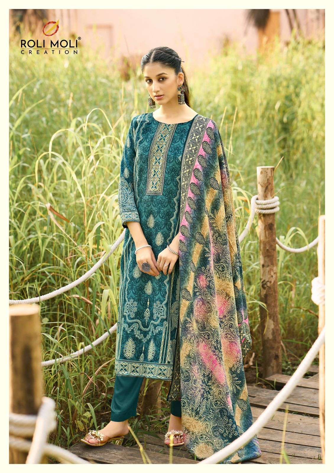 ROLI MOLI CREATION FARIDA PASHMINA PRINT WITH FANCY WORK SUIT