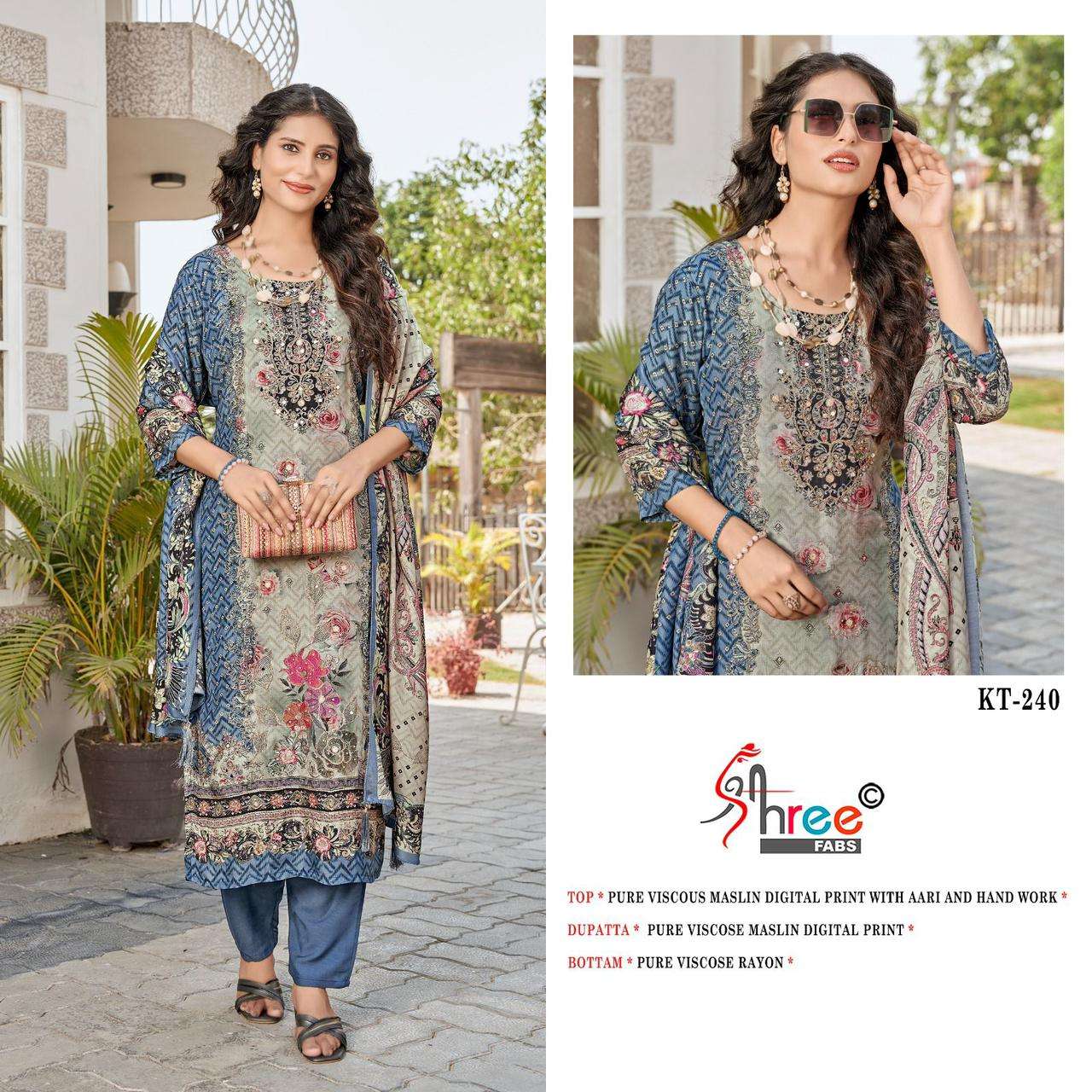 SHREE FABS KT 240 MUSLIN DIGITAL PRINT WITH DESIGNER WORK PAKISTANI SUIT