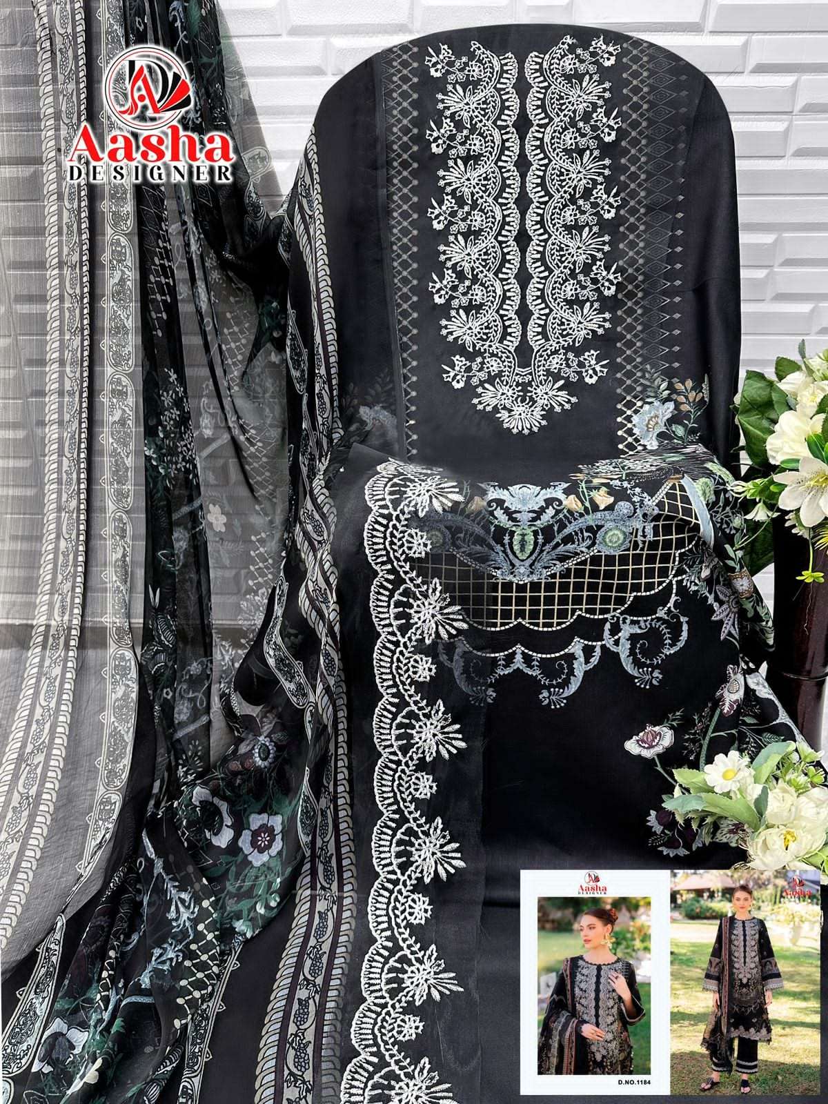 AASHA DESIGNER DESIGN NO - 1184 PURE COTTON PRINT EXCLUSIVE PATCH EMBROIDERED PAKISTANI SUIT