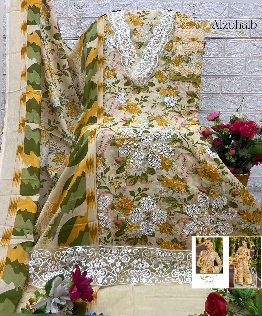 AL ZOHAIB DESIGN NO - 1342 AB PURE COTTON PRINT SELF BORING WORK PATCH PAKISTANI SUIT