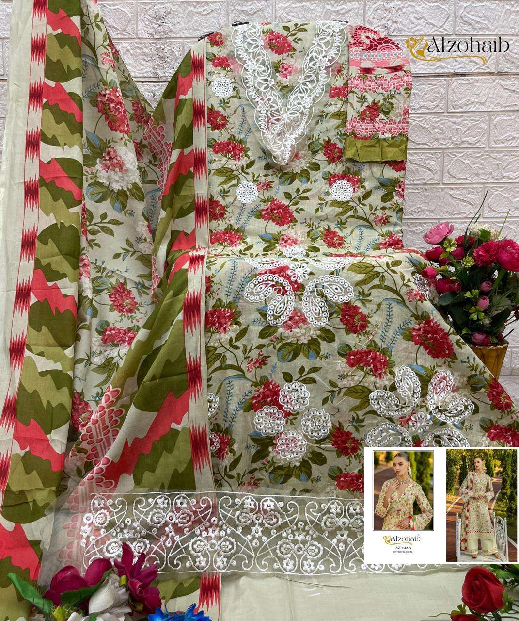 AL ZOHAIB DESIGN NO - 1342 AB PURE COTTON PRINT SELF BORING WORK PATCH PAKISTANI SUIT